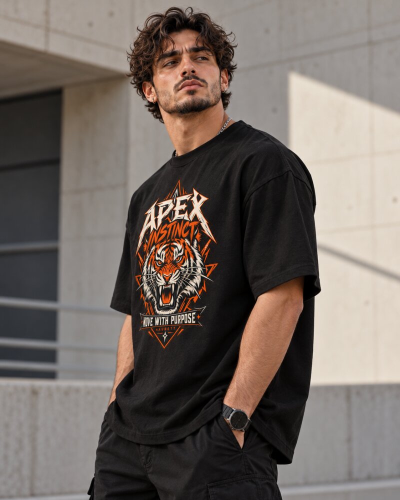 Apex Instinct Tiger Black Oversized T-Shirt - Haubett India product image