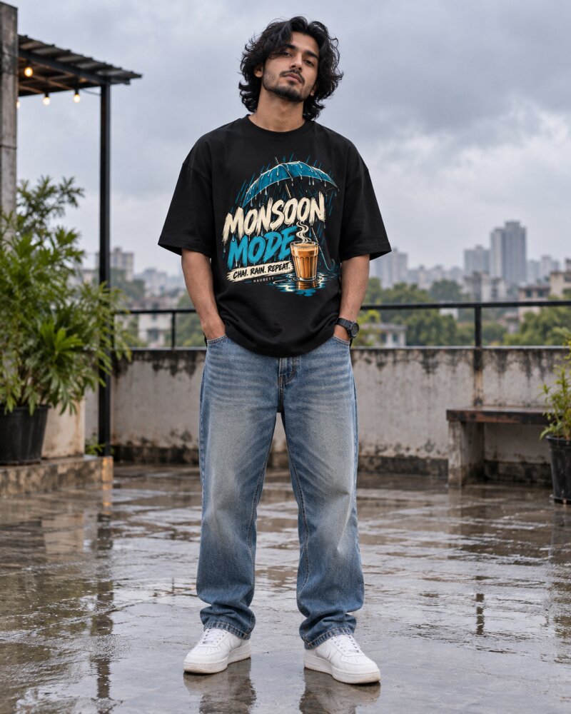 Mansoon Mode Black Oversized T-Shirt - Haubett India product image