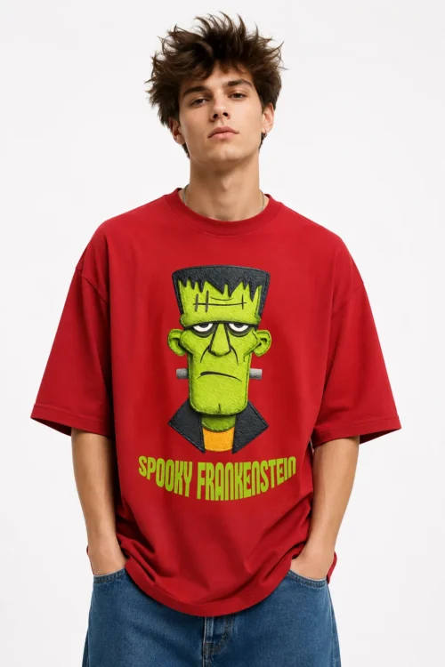 HAUBETT Red Oversized Graphic Tee for Men | Cartoon Frankenstein Printed Casual T-Shirt