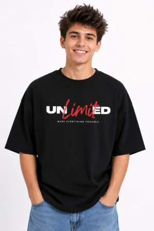 HAUBETT Unlimited Oversized Unisex T-Shirt | Premium Cotton Graphic Printed Black Tee