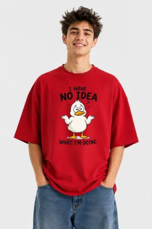 HAUBETT Red Oversized T-Shirt for Men | Funny Duck Cartoon Graphic Print | Premium Cotton Streetwear Tee