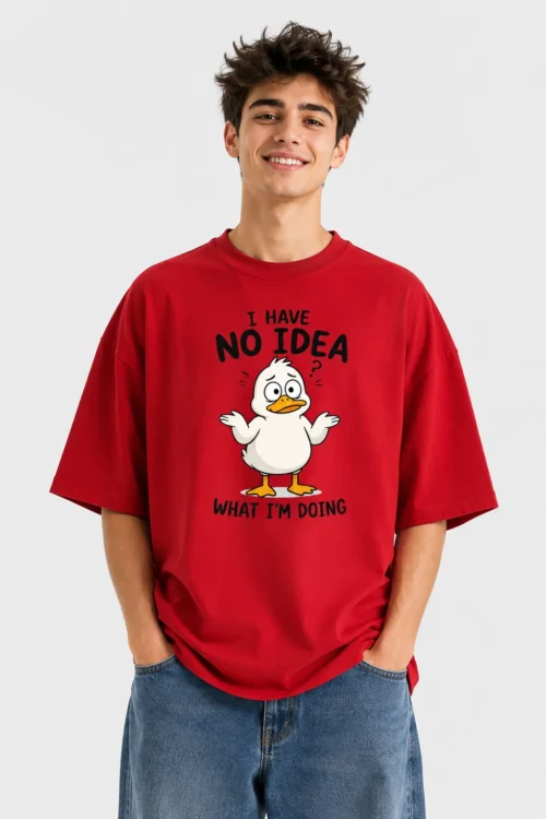 HAUBETT Red Oversized T-Shirt for Men | Funny Duck Cartoon Graphic Print | Premium Cotton Streetwear Tee